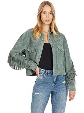 Faux Suede Fringe Jacket Snap Button Pockets